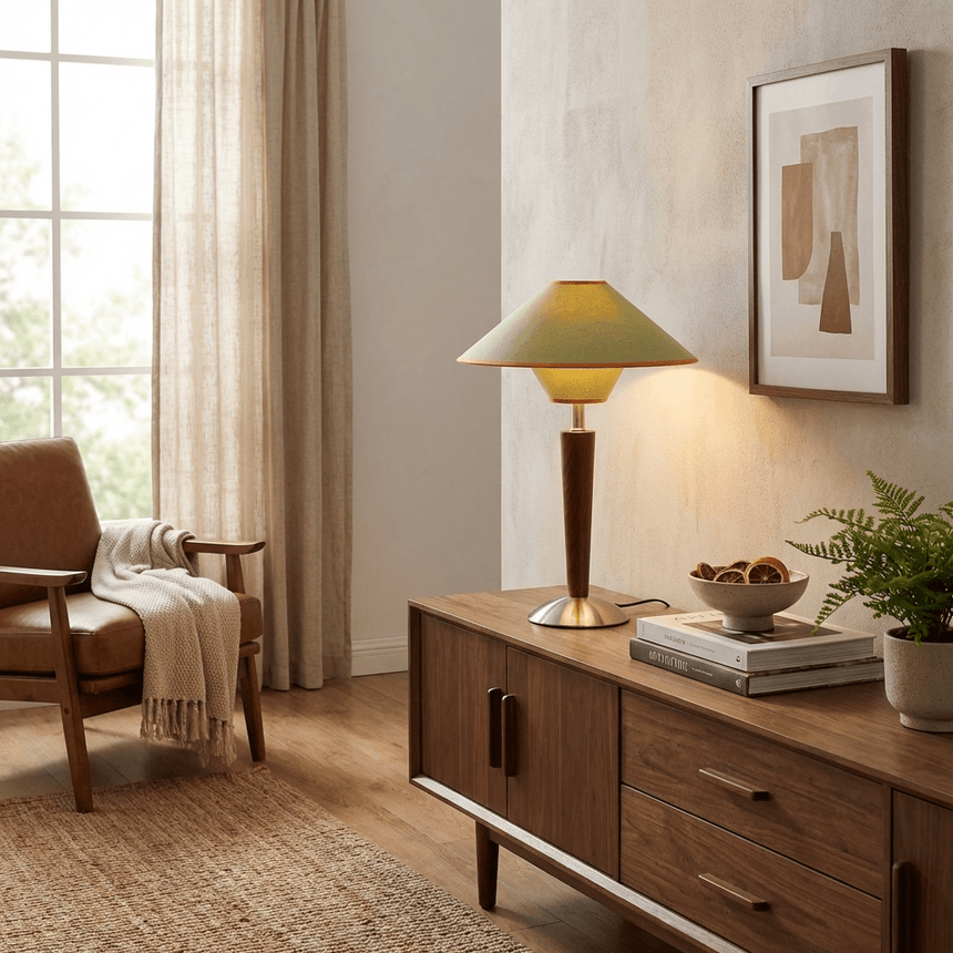 Wood table lamp lit on a wooden sideboard in the evening