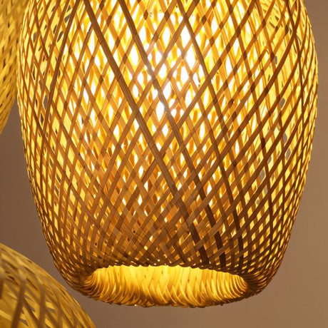 The crossed bamboo strands seen close, lit from within so the weave glows