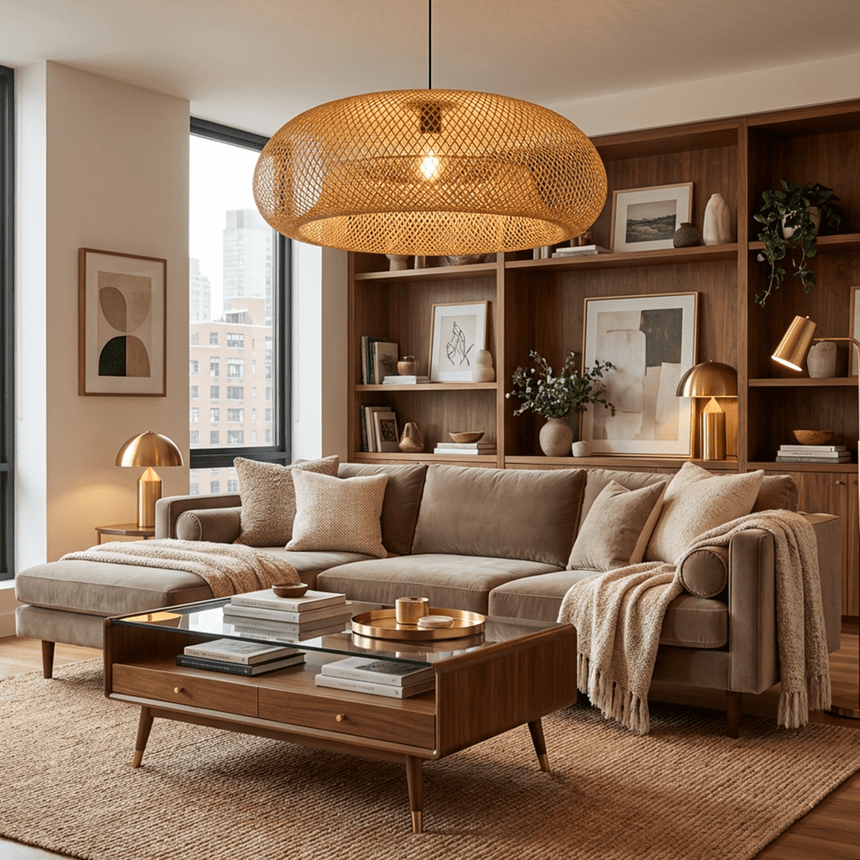 The lit shade above a sofa and low table in a living room with wood bookshelves