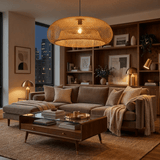 The lit shade in a living room at dusk beside a window and a wood shelving wall