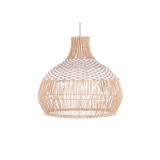 Woven rattan bell shade photographed against white