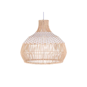 Woven rattan bell shade photographed against white
