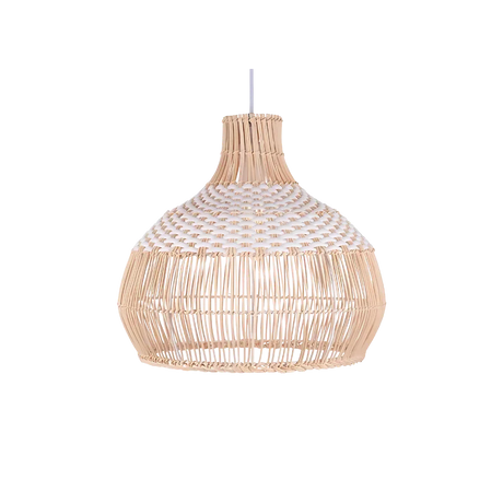 Woven rattan bell shade photographed against white