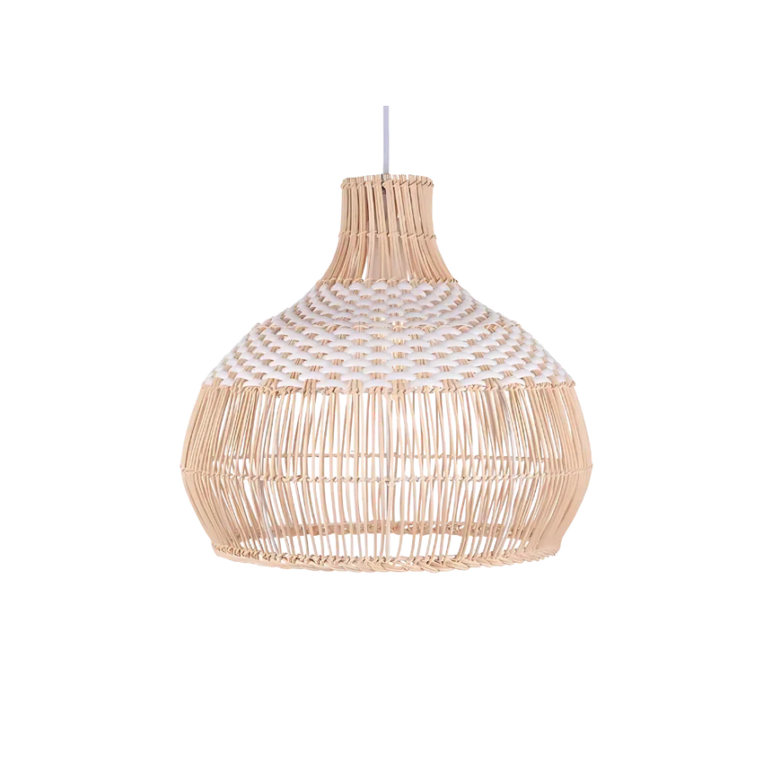 Woven rattan bell shade photographed against white