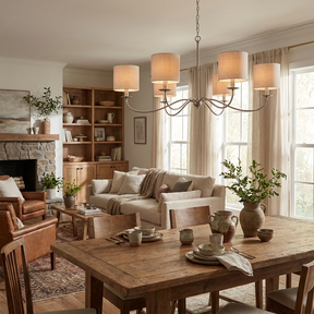 Lit over a long wood dining table in a room with a fireplace and bookshelves