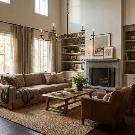 Hung in a double height room above a sofa with a fireplace and shelving