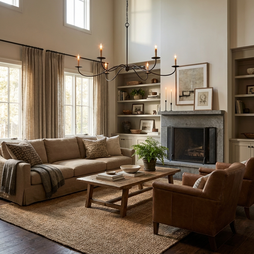 Hung in a double height room above a sofa with a fireplace and shelving