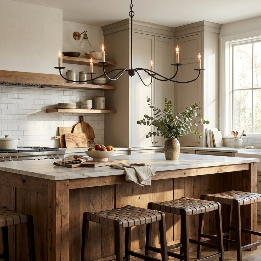 Lit above a reclaimed wood kitchen island with stools and open shelving
