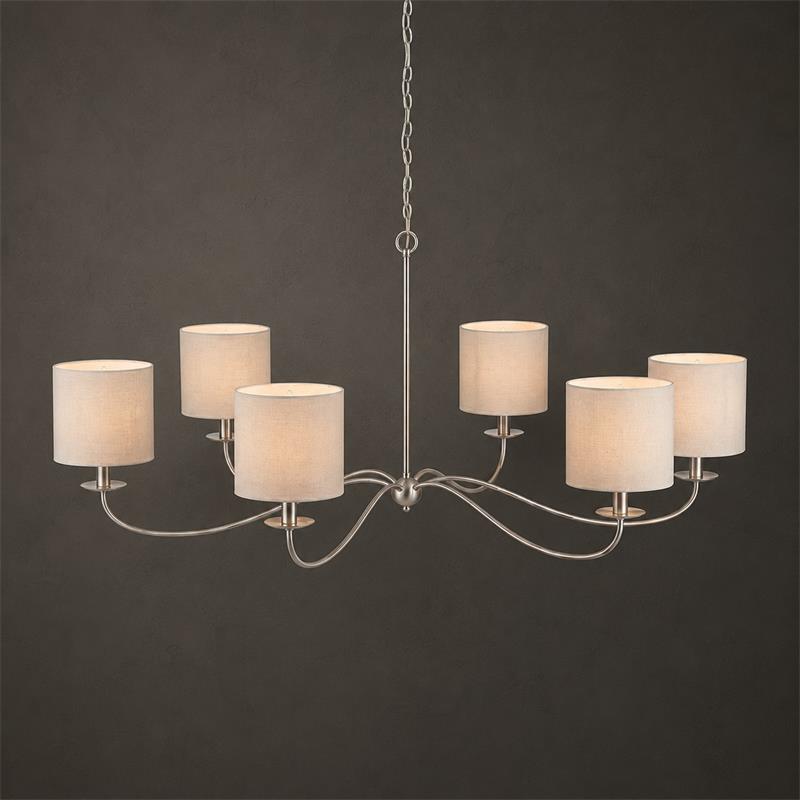 The satin nickel version fitted with six pale drum shades