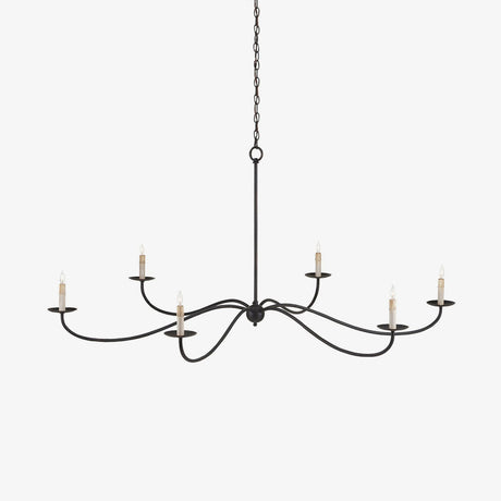 Six black wrought iron arms curving out in S shapes with candle cups on each