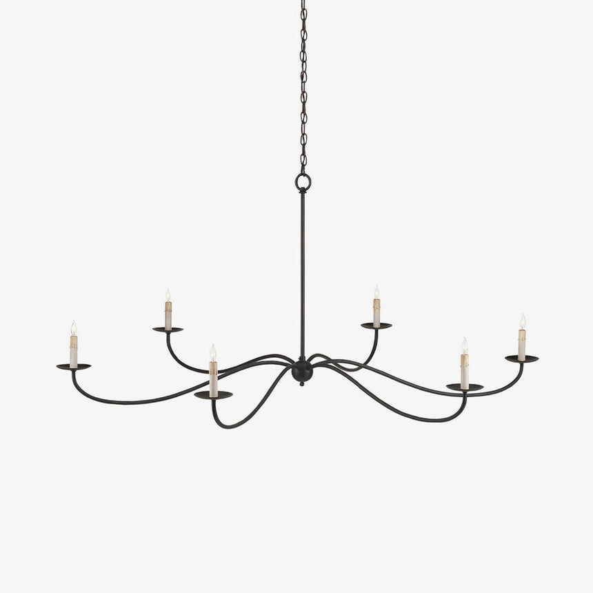 Six black wrought iron arms curving out in S shapes with candle cups on each